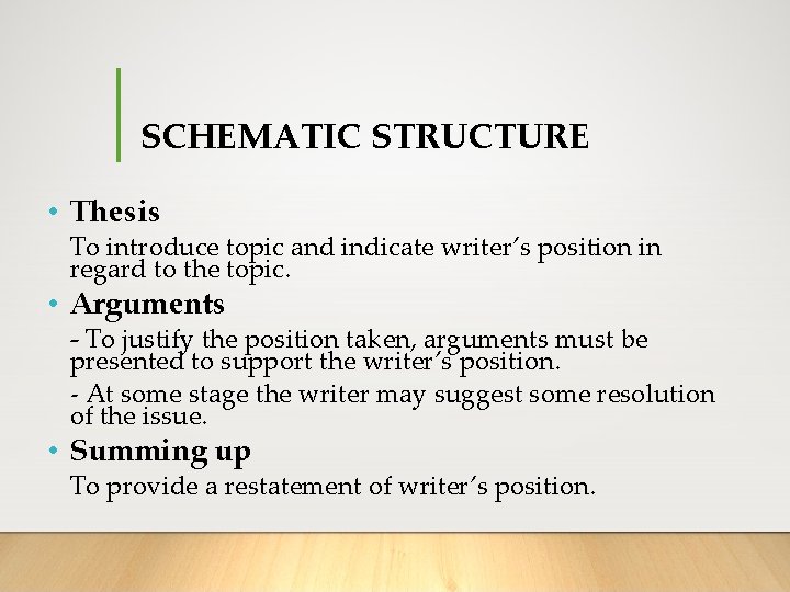 SCHEMATIC STRUCTURE • Thesis To introduce topic and indicate writer’s position in regard to