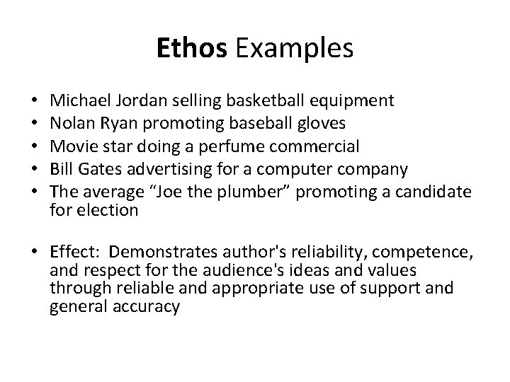 Ethos Examples • • • Michael Jordan selling basketball equipment Nolan Ryan promoting baseball