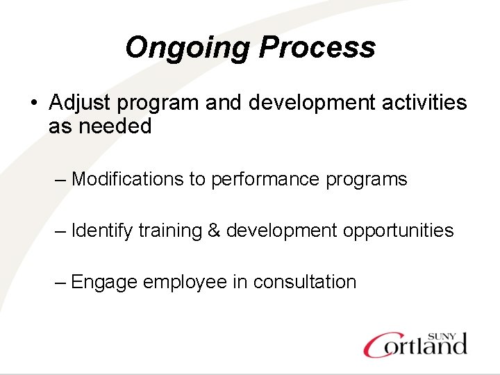 Ongoing Process • Adjust program and development activities as needed – Modifications to performance