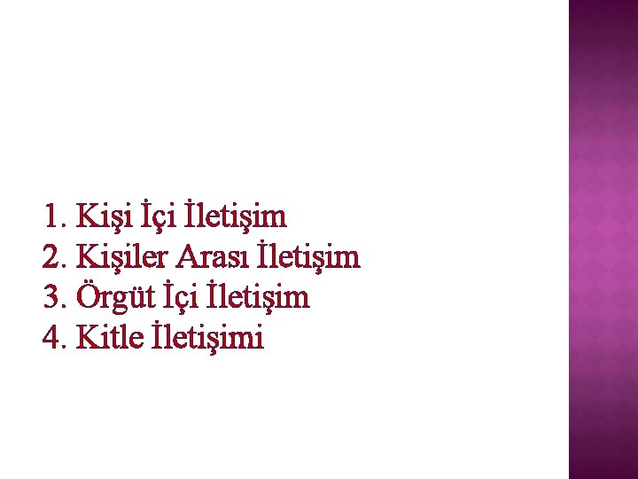 1. Kişi İçi İletişim 2. Kişiler Arası İletişim 3. Örgüt İçi İletişim 4. Kitle