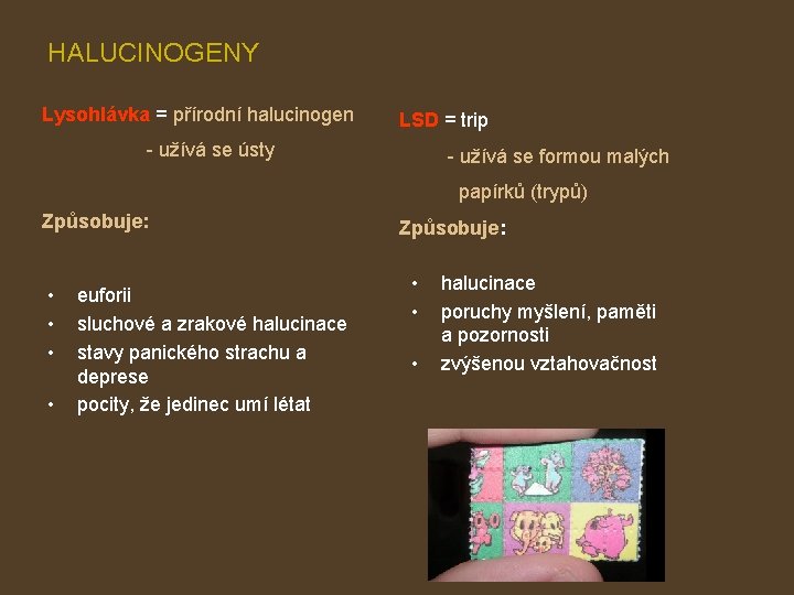 HALUCINOGENY Lysohlávka = přírodní halucinogen LSD = trip - užívá se ústy - užívá
