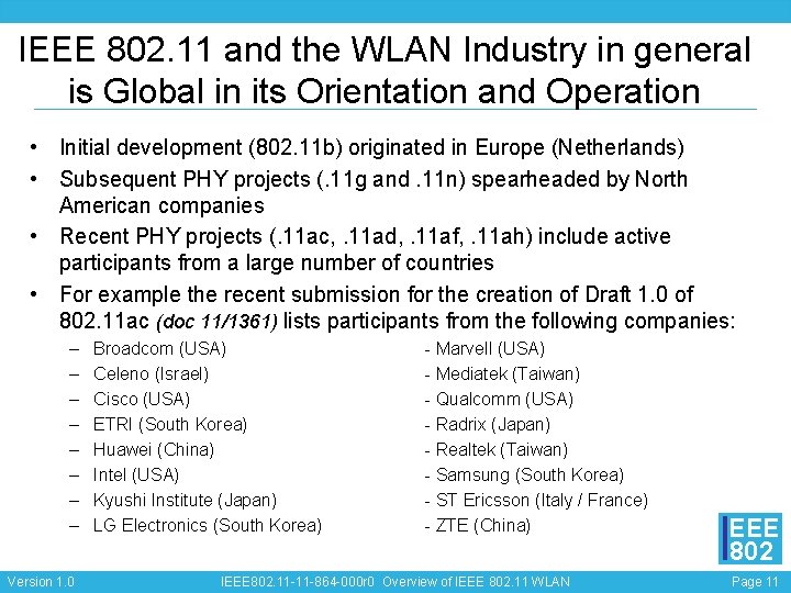 IEEE 802. 11 and the WLAN Industry in general is Global in its Orientation