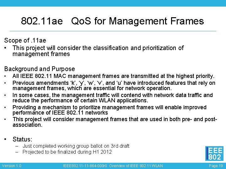 802. 11 ae Qo. S for Management Frames Scope of. 11 ae • This