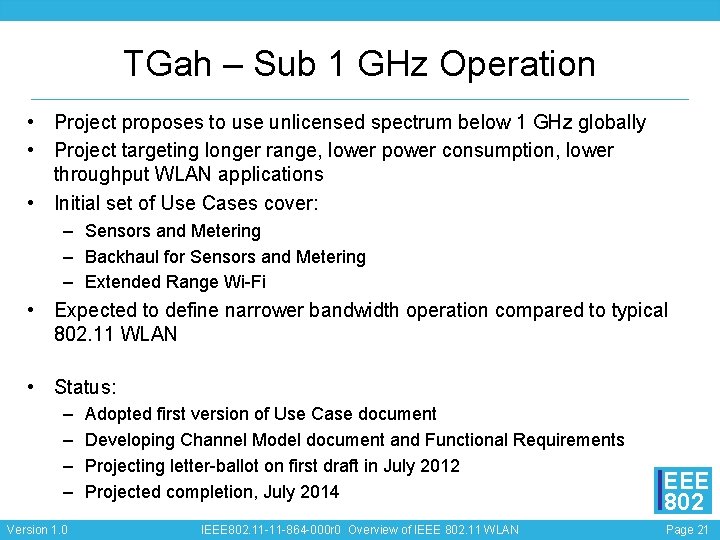 TGah – Sub 1 GHz Operation • Project proposes to use unlicensed spectrum below