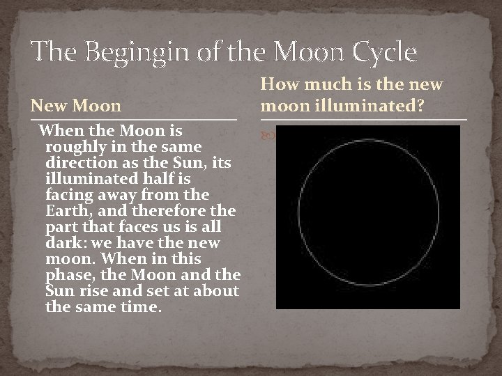 The Begingin of the Moon Cycle New Moon When the Moon is roughly in