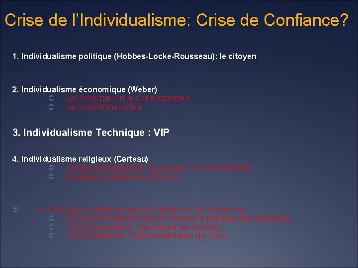 Crise de l’Individualisme: Crise de Confiance? 1. Individualisme politique (Hobbes-Locke-Rousseau): le citoyen 2. Individualisme