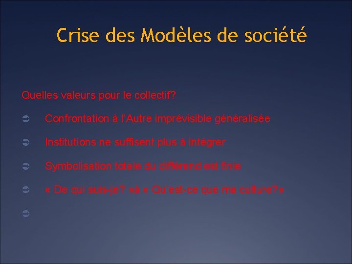 Crise des Modèles de société Quelles valeurs pour le collectif? Ü Confrontation à l’Autre