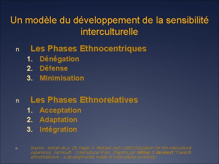 Un modèle du développement de la sensibilité interculturelle n Les Phases Ethnocentriques 1. Dénégation