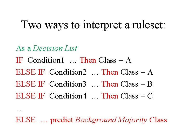 Two ways to interpret a ruleset: As a Decision List IF Condition 1 …