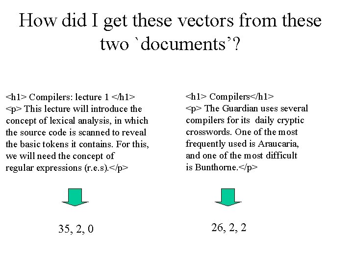 How did I get these vectors from these two `documents’? <h 1> Compilers: lecture