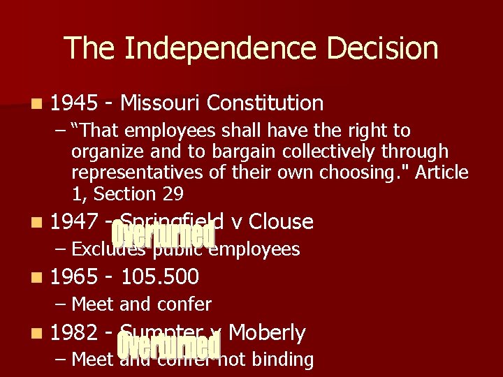 The Independence Decision n 1945 - Missouri Constitution – “That employees shall have the