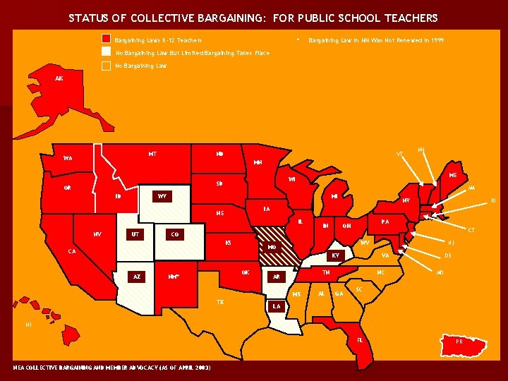 STATUS OF COLLECTIVE BARGAINING: FOR PUBLIC SCHOOL TEACHERS Bargaining Laws K-12 Teachers * Bargaining