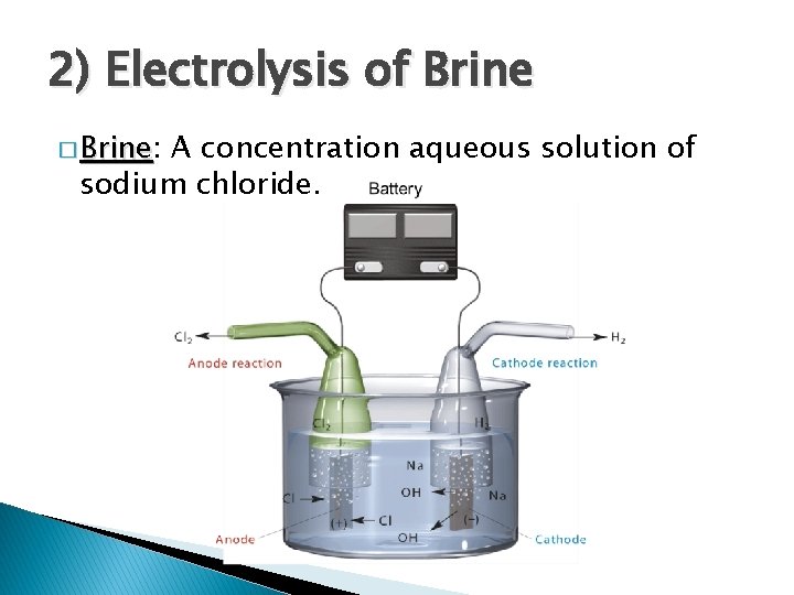 2) Electrolysis of Brine � Brine: Brine A concentration aqueous solution of sodium chloride.