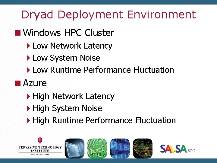 Dryad Deployment Environment Windows HPC Cluster Low Network Latency Low System Noise Low Runtime