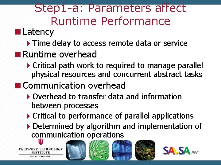 Step 1 -a: Parameters affect Runtime Performance Latency Time delay to access remote data