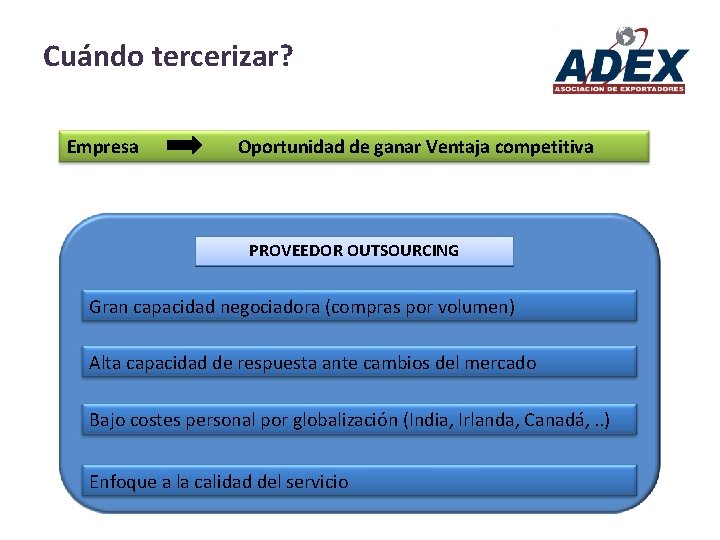 Cuándo tercerizar? Empresa Oportunidad de ganar Ventaja competitiva PROVEEDOR OUTSOURCING Gran capacidad negociadora (compras