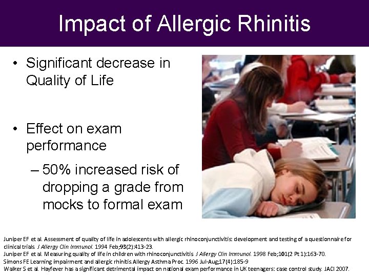 Impact of Allergic Rhinitis • Significant decrease in Quality of Life • Effect on