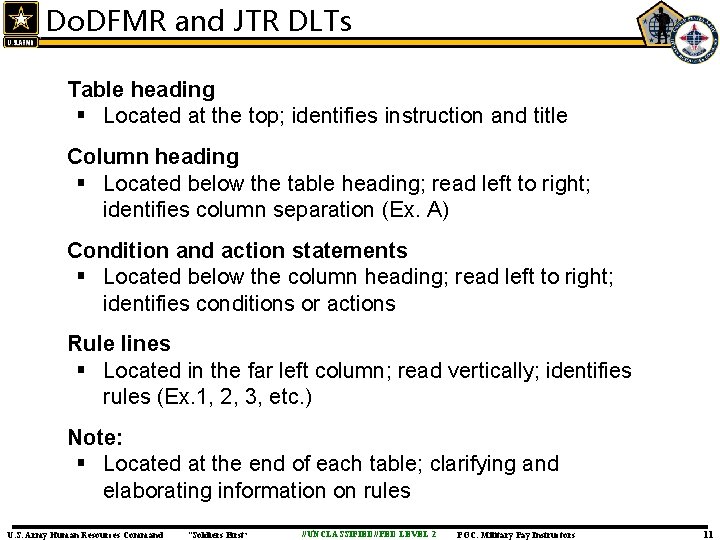 Do. DFMR and JTR DLTs Table heading § Located at the top; identifies instruction