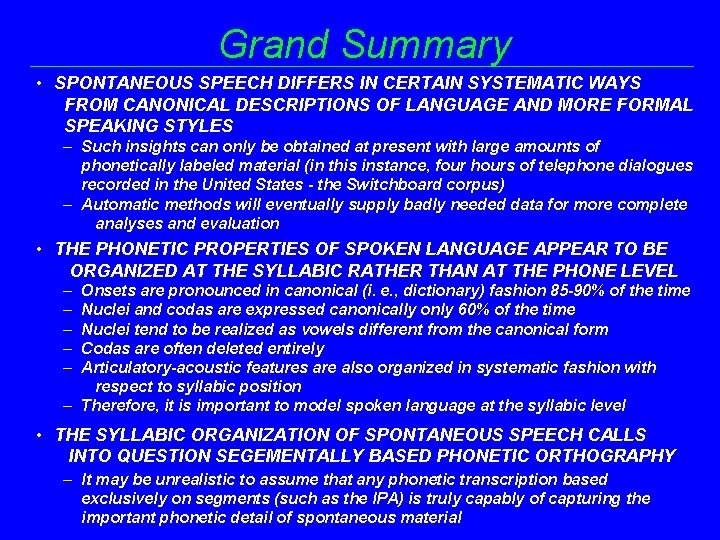 Grand Summary • SPONTANEOUS SPEECH DIFFERS IN CERTAIN SYSTEMATIC WAYS FROM CANONICAL DESCRIPTIONS OF