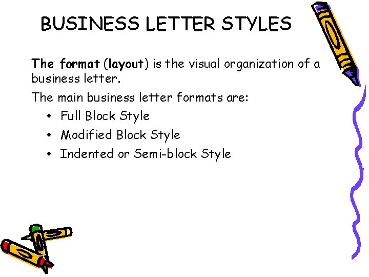 BUSINESS LETTER STYLES The format (layout) is the visual organization of a business letter.
