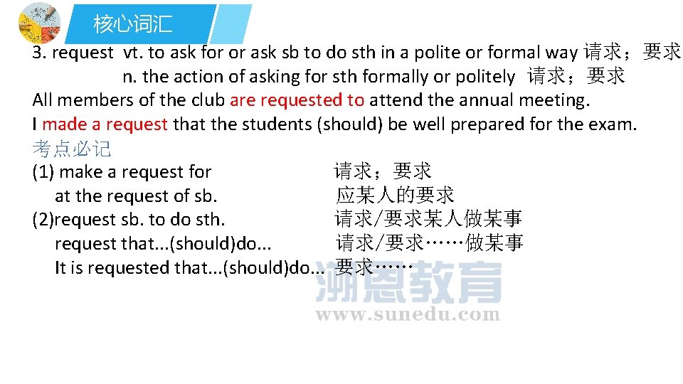 核心词汇 3. request vt. to ask for or ask sb to do sth in