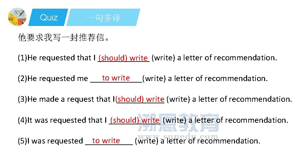 Quiz 一句多译 他要求我写一封推荐信。 (1)He requested that I ______ (should) write (write) a letter of