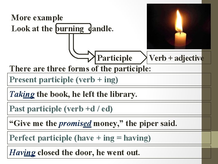 More example Look at the burning candle. Participle Verb + adjective There are three
