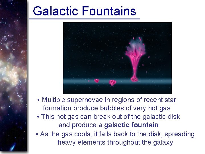 Galactic Fountains • Multiple supernovae in regions of recent star formation produce bubbles of
