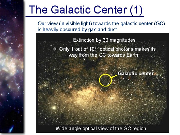 The Galactic Center (1) Our view (in visible light) towards the galactic center (GC)