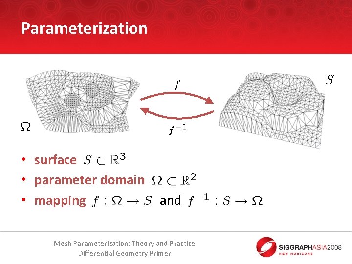 Parameterization • surface • parameter domain • mapping and Mesh Parameterization: Theory and Practice