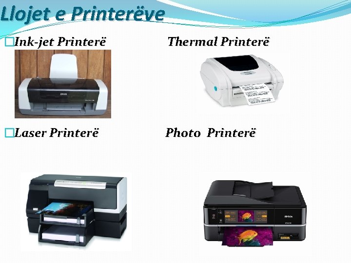 Llojet e Printerëve �Ink-jet Printerë Thermal Printerë �Laser Printerë Photo Printerë 