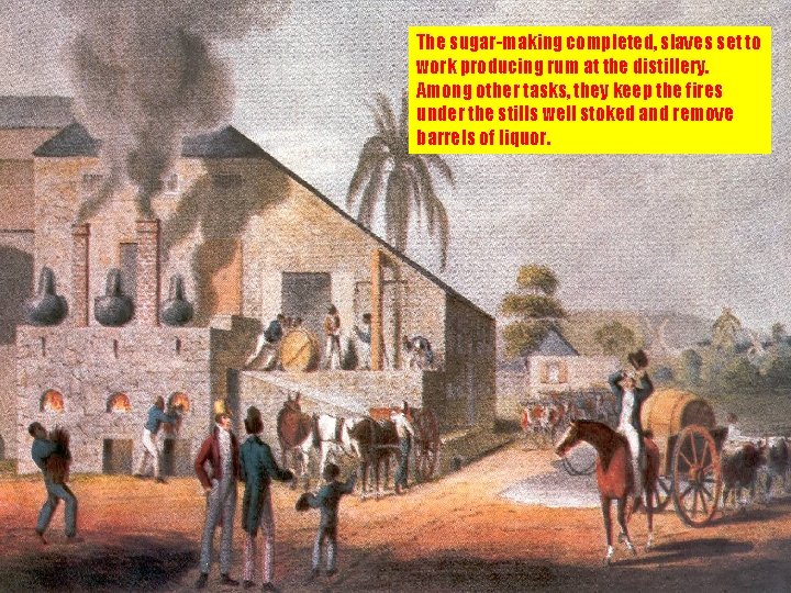 The sugar-making completed, slaves set to work producing rum at the distillery. Among other