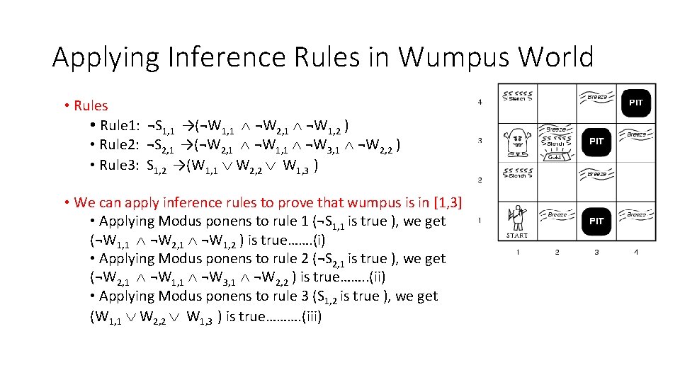 Applying Inference Rules in Wumpus World • Rules • Rule 1: ¬S 1, 1