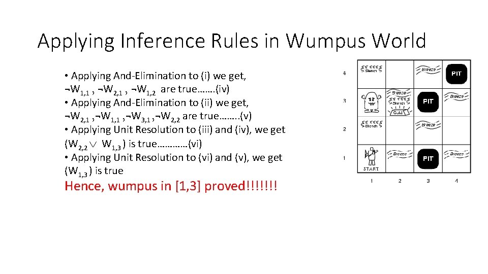 Applying Inference Rules in Wumpus World • Applying And-Elimination to (i) we get, ¬W