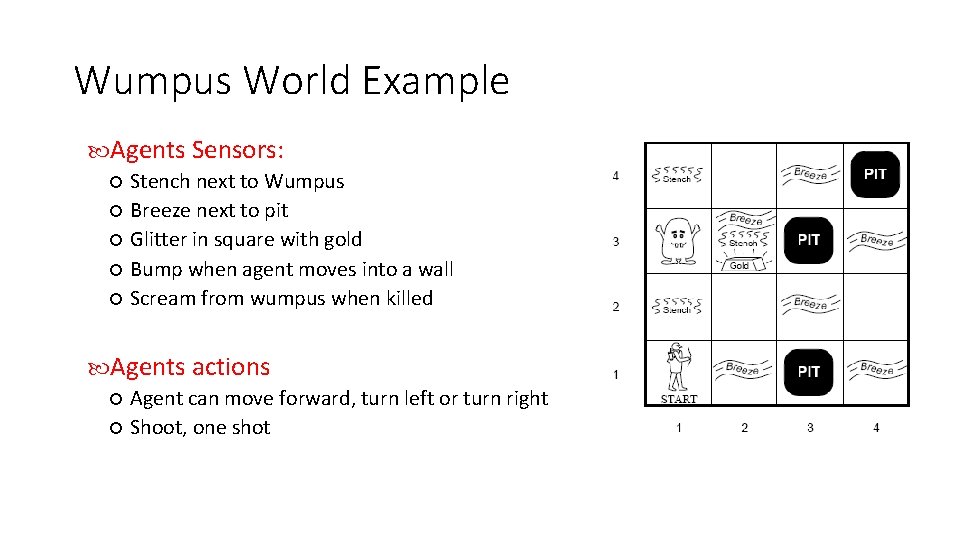 Wumpus World Example Agents Sensors: Stench next to Wumpus Breeze next to pit Glitter