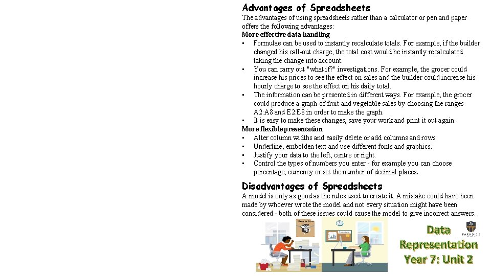 Advantages of Spreadsheets The advantages of using spreadsheets rather than a calculator or pen