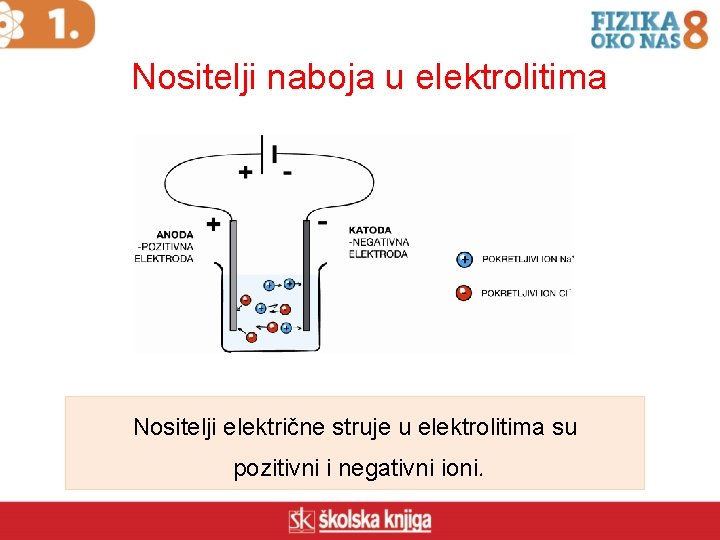 Nositelji naboja u elektrolitima Nositelji električne struje u elektrolitima su pozitivni i negativni ioni.