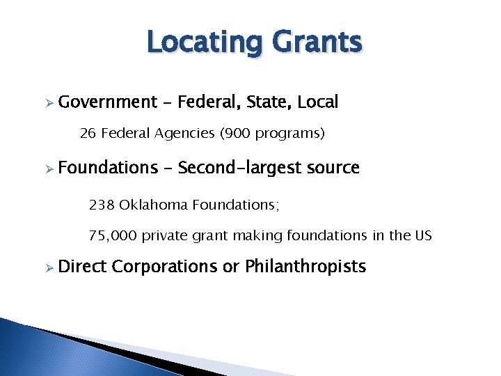 Locating Grants Ø Government - Federal, State, Local 26 Federal Agencies (900 programs) Ø