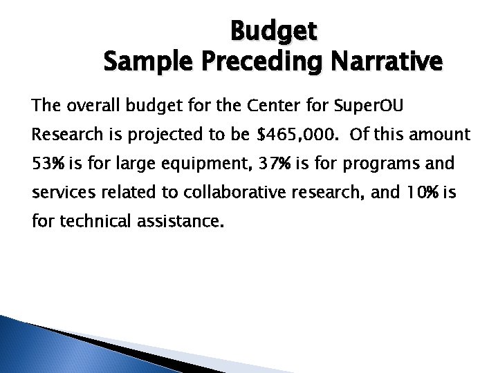 Budget Sample Preceding Narrative The overall budget for the Center for Super. OU Research