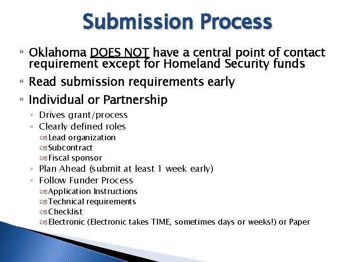 Submission Process Oklahoma DOES NOT have a central point of contact requirement except for