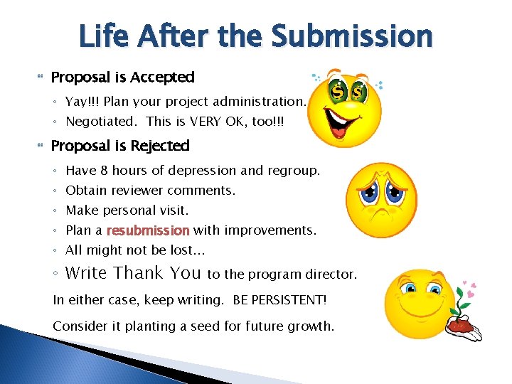 Life After the Submission Proposal is Accepted ◦ Yay!!! Plan your project administration. ◦
