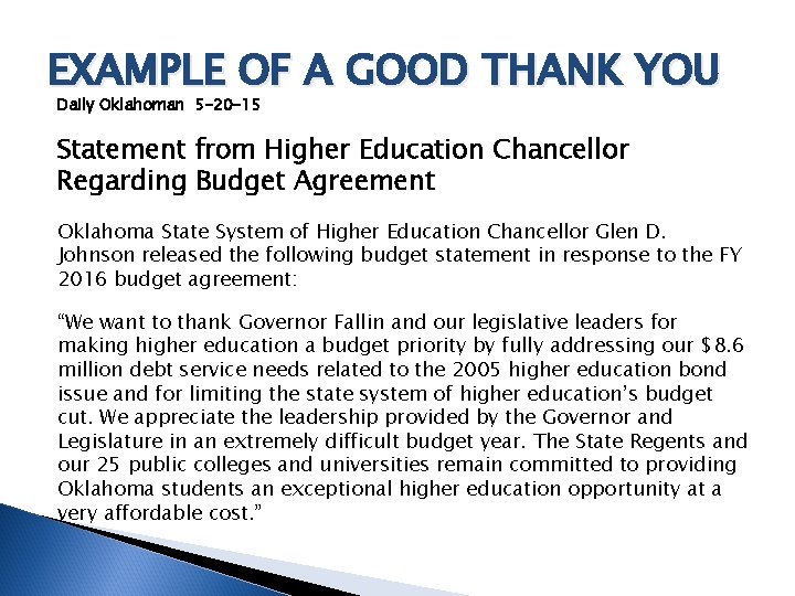 EXAMPLE OF A GOOD THANK YOU Daily Oklahoman 5 -20 -15 Statement from Higher