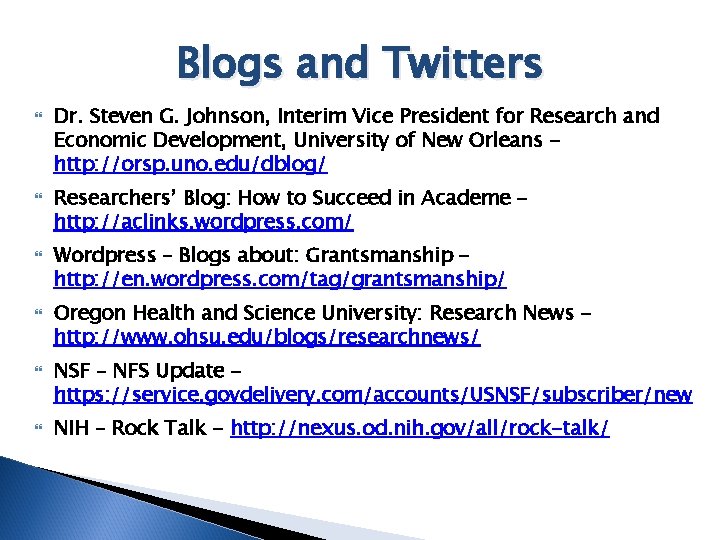 Blogs and Twitters Dr. Steven G. Johnson, Interim Vice President for Research and Economic