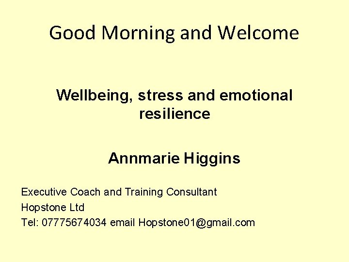 Good Morning and Welcome Wellbeing, stress and emotional resilience Annmarie Higgins Executive Coach and