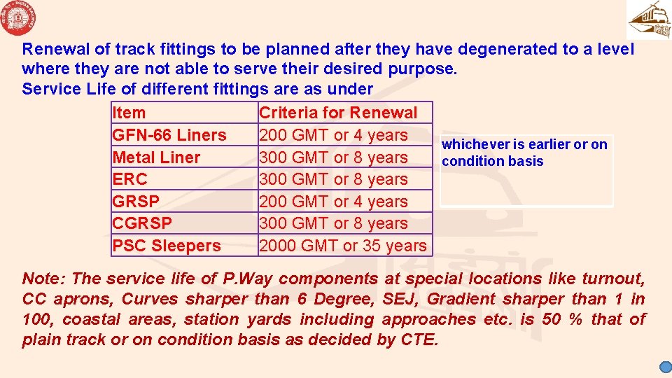 Renewal of track fittings to be planned after they have degenerated to a level Renewal of track fittings to be planned after they have degenerated to a level