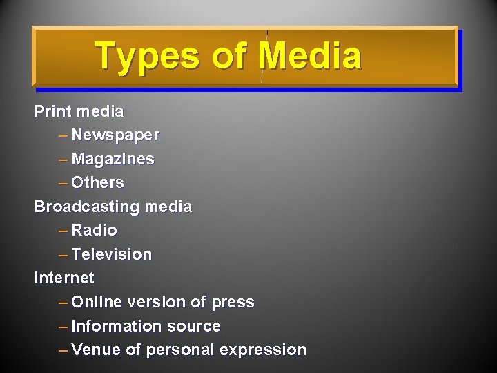Types of Media Print media – Newspaper – Magazines – Others Broadcasting media –
