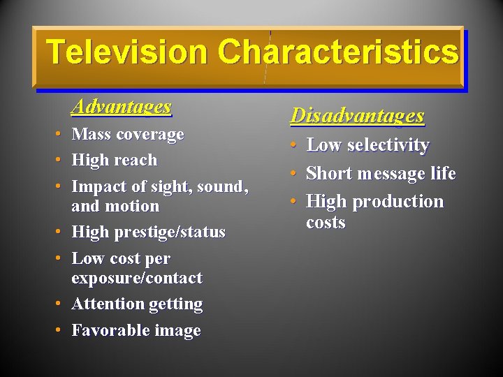 Television Characteristics Advantages • • Mass coverage High reach Impact of sight, sound, and