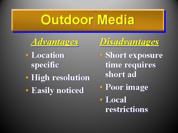 Outdoor Media Advantages • Location specific • High resolution • Easily noticed Disadvantages •