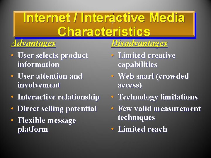 Internet / Interactive Media Characteristics Advantages Disadvantages • User selects product information • User