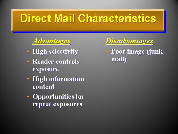 Direct Mail Characteristics Advantages • High selectivity • Reader controls exposure • High information